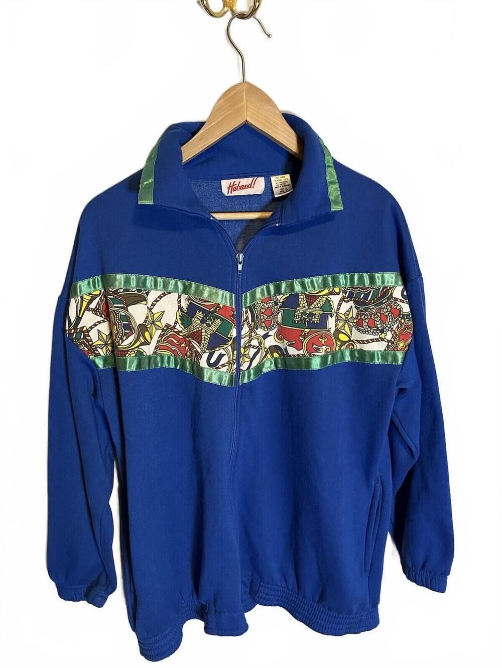 Vintage Haband Sweatshirt Jacket Women's M Full Zip Blue Teal Baroque 90s